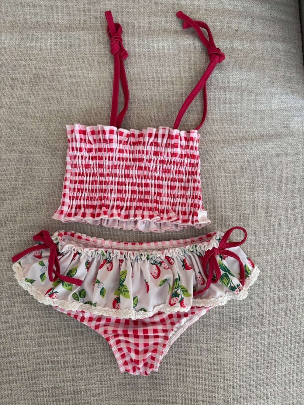 SweetHoney Red & White Gingham Kids Bikini with Strawberry Print